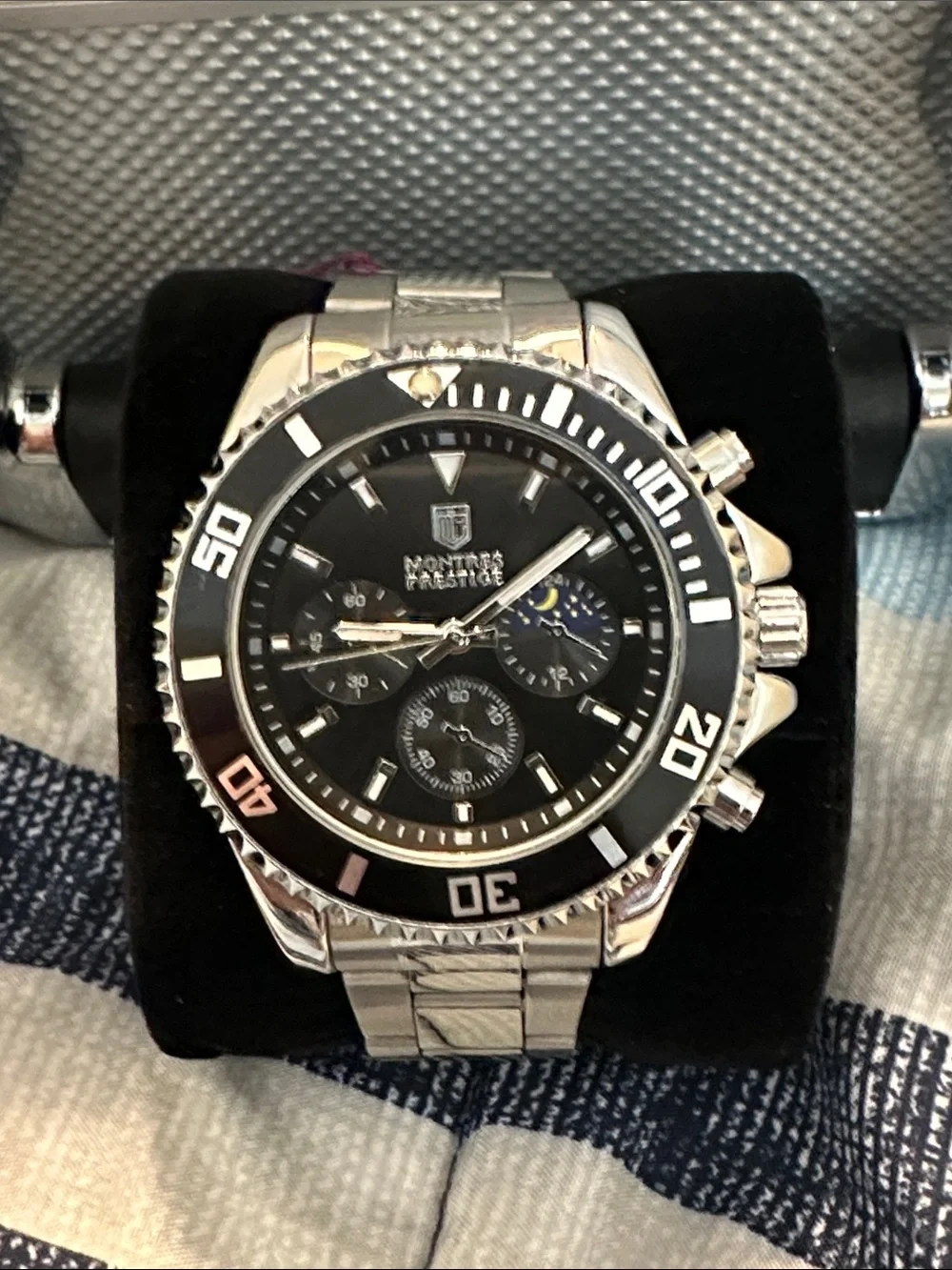 Montres Prestige Black Dial Stainless Steel Chronograph Watch